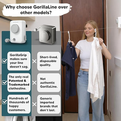 GorillaLine Max – Retractable Clothesline Indoor Outdoor, Non-Sagging Heavy Duty Clothes Drying Line, Wall Mounted Drying Rack, Air Dry Clothing, Max Tighten with GorillaGrip