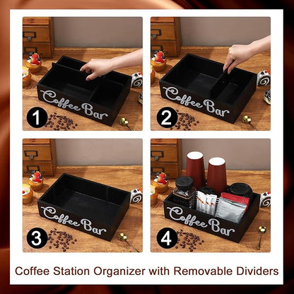 Coffee Bar Organizer for Countertop Coffee Station Organizer Wood Coffee Bar Sign with Removable Dividers for Pods Condiment Syrup Tea Cups Stirrers,Office Coffee Bar Decor