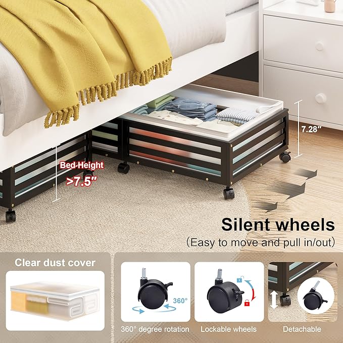Wisuce Home Under Bed Storage Containers With Wheels - 2 Pcs Large Bamboo Wood Rolling Underbed Shoe Storage Bins With Dust Bags for Clothes Blankets, Duvet Covers Snacks Toys (Black)