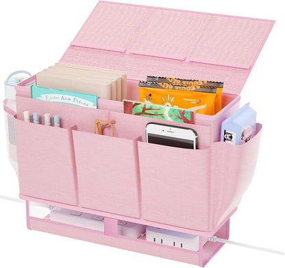 Frjjthchy Bedside Caddy Bedside Organizer,Bed Caddy with 11 Pockets and Power Strip Holder,Versatile Bedside Storage Caddy for Home,Dorm,Bunk,Hospital,Crib Bed (Pink)