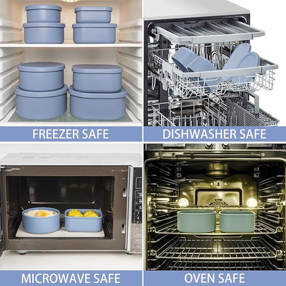 100% Silicone Food Storage Containers with Lids, 8 Pack, 10oz to 51oz, Reusable Leakproof Nesting & Stackable Silicone Bento Lunch Box, Microwave Freezer Dishwasher Oven Safe, BPA Free, Slate Blue