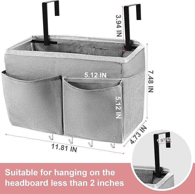 Retyion Bedside Storage Bag with 4 Hooks Multi-Function Hanging Organizer Caddy for Headboards Bunk Bed Hospital Bed (Grey)