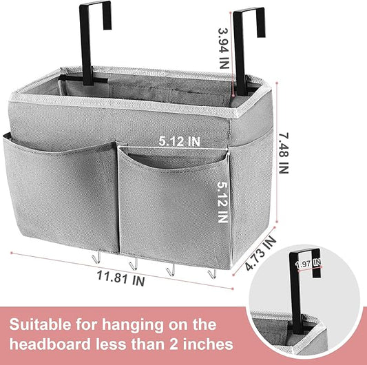 Retyion Bedside Storage Bag with 4 Hooks Multi-Function Hanging Organizer Caddy for Headboards Bunk Bed Hospital Bed (Grey)
