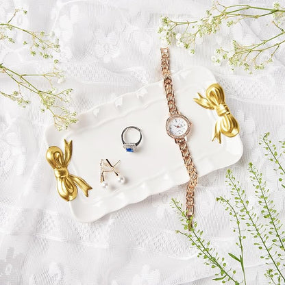 COZITED Bow Jewelry Tray Ceramic Trinket Dish for Rings Earrings Necklaces Bracelet Watch Keys, Ring Dish Plate Key Bowl Room Decor Aesthetic Vanity Perfume Tray, Gifts for Women, 6.69"