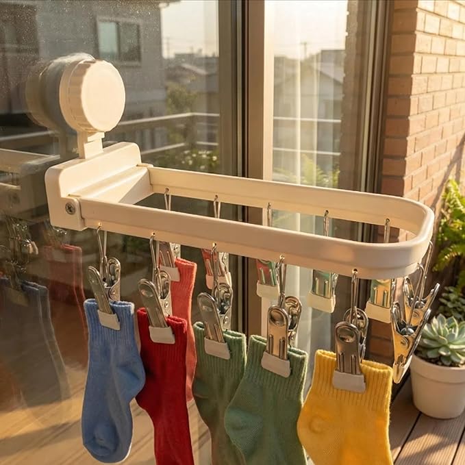 Foldable Laundry Drying Rack with 15 Clips, Wall Mount Suction Cup Hanger for Socks Undergarments Towels, Space Saving Clothes Organizer, Cream White