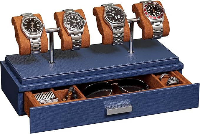 ROTHWELL Luxury Watch Display Case for 4 Watches – Leather Watch Box with Acrylic Cover and Removable Slide in Cushions – Accessory Drawer with Multiple Configurations (Blue/Tan)