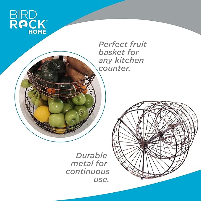 BIRDROCK HOME 3 Tier Wire Fruit Basket | Round Metal Standing Baskets | Fruit Vegetable Garlic Caddy | Freestanding Rustic Decorative Basket