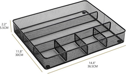 Annova Desk Top Organizer Tray for Office Organization - Metal Mesh - Storage Tray with Dividers for Pens, Desktop Accessories, Bathroom, Kitchen, Makeup and Office Supplies (Large, Black)