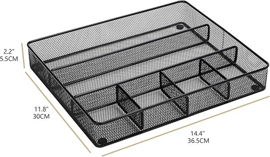 Annova Desk Top Organizer Tray for Office Organization - Metal Mesh - Storage Tray with Dividers for Pens, Desktop Accessories, Bathroom, Kitchen, Makeup and Office Supplies (Large, Black)