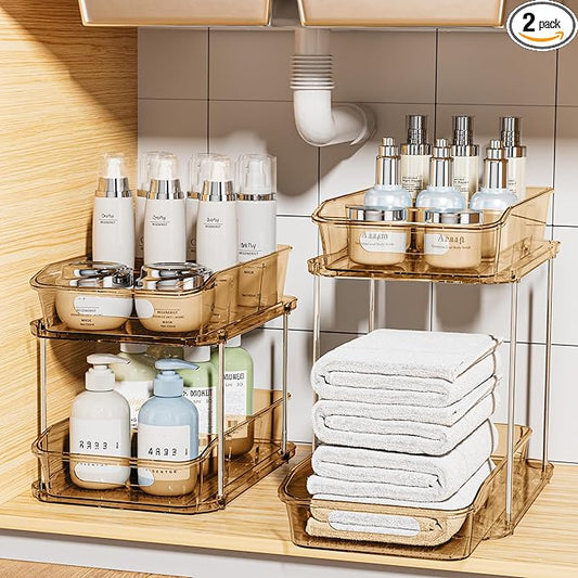 Delamu 2-Tier Under Sink Organizers and Storage, Multi-Purpose Stackable Bathroom Cabinet Organizers, Pull Out Kitchen Pantry Organization and Storage with Dividers(2 Pack, Amber)