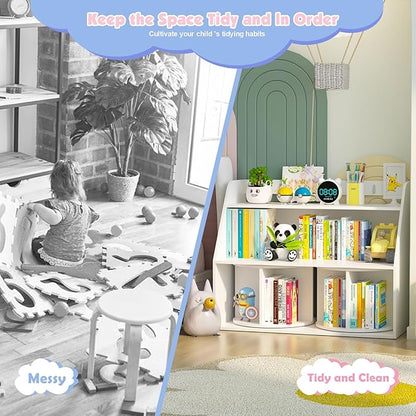 NACHES Wooden Kids Bookcase with 2 Rotating Shelves 3 Tier Children Bookshelf Toddler Toys Organizer Multi Functional Wood Storage Bookshelf for Kids Rooms Nursery, White