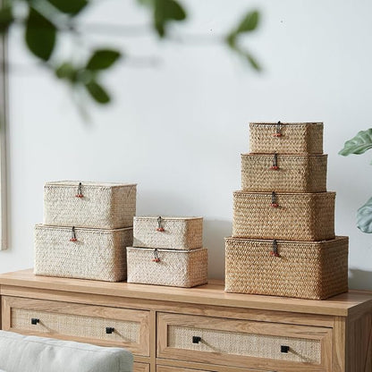 4 Pack, Wicker Baskets with Lids, Nautral Seagrass Storage Baskets, Wicker Storage Baskets for Organizing, Rustic Rectangular Storage Basket, Rattan Storage Organizer for Shelf Whitewash