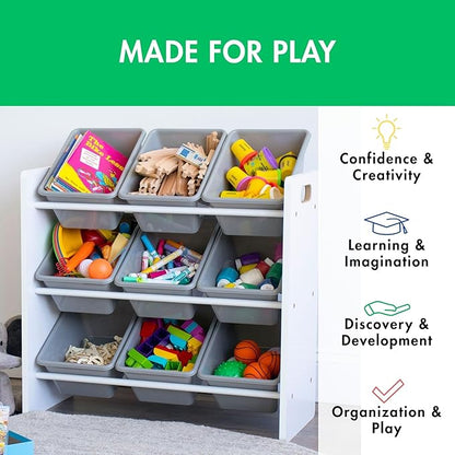 Humble Crew 9-Bin Toy Organizer – Explorer Natural White/Grey Plastic Bins, 3-Tier Storage Solution for Kids' Playrooms and Nurseries