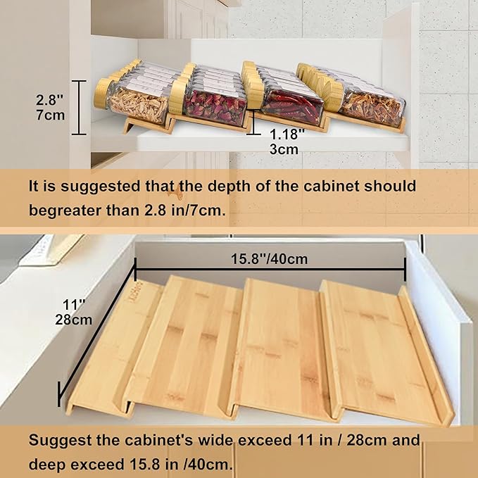 KitHero Spice Drawer Organizer with 20 Bamboo-lidded Spice Jars,216 Labels,25 Non-slip Rubber, Bamboo 4 Tier Seasoning Rack Tray Insert for Kitchen Drawers,Cabinets,Countertop,11" Wide x 15.8" Deep