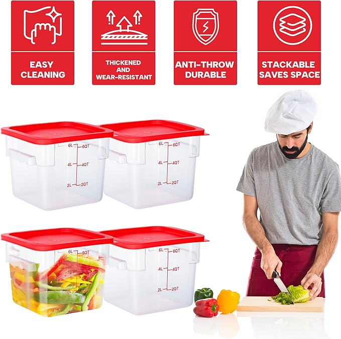 BIEAMA 4 Pack Food Storage Containers, 6 Quart with Lids, Square Commercial Containers with Scale, NSF, Polycarbonate, Clear