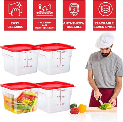 BIEAMA 4 Pack Food Storage Containers, 6 Quart with Lids, Square Commercial Containers with Scale, NSF, Polycarbonate, Clear
