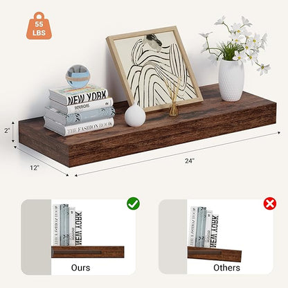 Heimlove 24 x 12 Inch Deep Floating Shelves Wall Mounted with Invisible Brackets,Storage Hanging Shelf for Wall Decor in Bathroom, Bedroom, Kitchen, Living Room, Office Set of 1 (Rustic Brown)