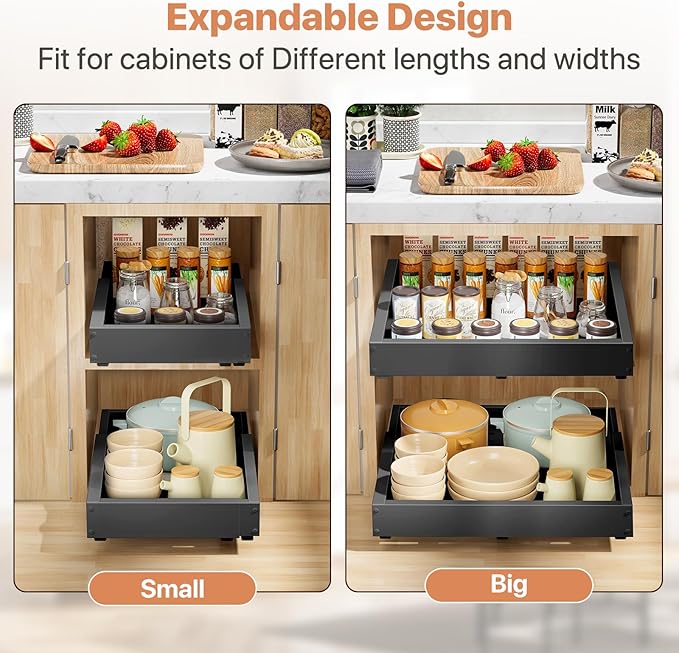 BUFOR 2 Pack Pull out Cabinet Organizer, Width (12"-19") Depth (17"-23"), with 3 Rails Adjustable Slide, Expandable Pullout Drawers for Cabinets, No Drill Adhesive Kitchen Drawers for Pantry Shelves