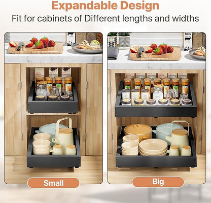 BUFOR 2 Pack Pull out Cabinet Organizer, Width (12"-19") Depth (17"-23"), with 3 Rails Adjustable Slide, Expandable Pullout Drawers for Cabinets, No Drill Adhesive Kitchen Drawers for Pantry Shelves