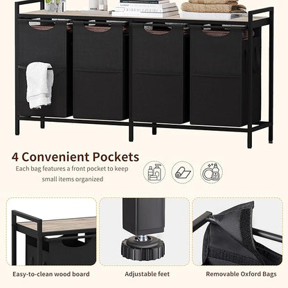 Heybly Laundry Hampers, 4 × 15Gal (228 L) Laundry Basket with Large Desktop Sorter for Laundry Room organization, Bathroom and Dorm Laundry Bags on Storage Shelf, Greige HLH004SG