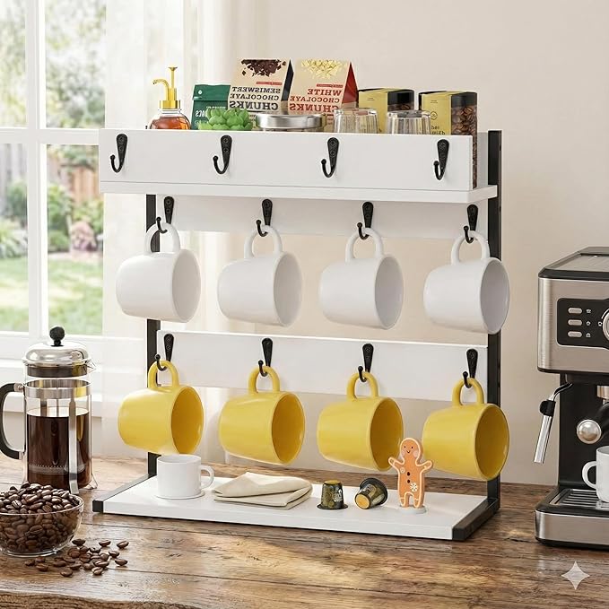 Coffee Mug Holder – 2 Tier Mug Rack Stand with Storage Base for 12 Cups – for Kitchen, Dining Room Counter & Wall Mounted Organizer & Coffee Bar Decor Accessories