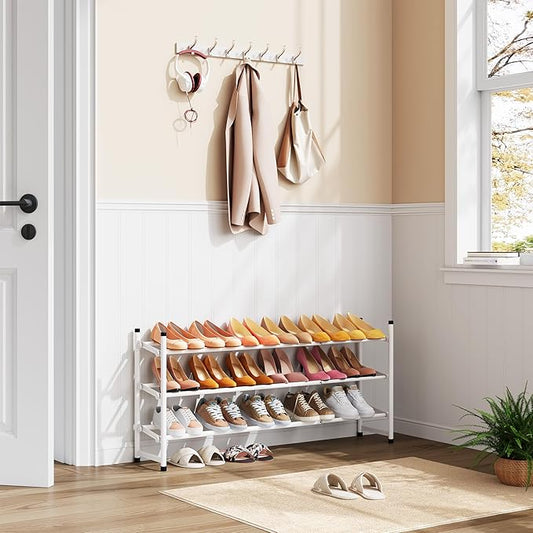 Tajsoon Expandable Shoe Rack for Closet 3 Tier, 28“-41“Adjustable & Stackable Shoe Shelf Storage, Metal Shoe Rack Organizer for Front Door Entrance, Closet, Garage, Entryway, White