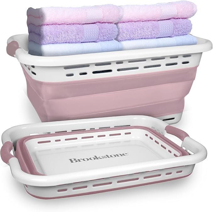 BROOKSTONE 11 GALLON XL 24" Collapsible Laundry Basket, Comfort Non-Slip Grip Handles, Modern Minimalist Space Saving Design, Portable Pop-Up Hamper, BPA FREE, Blush, 1 Basket