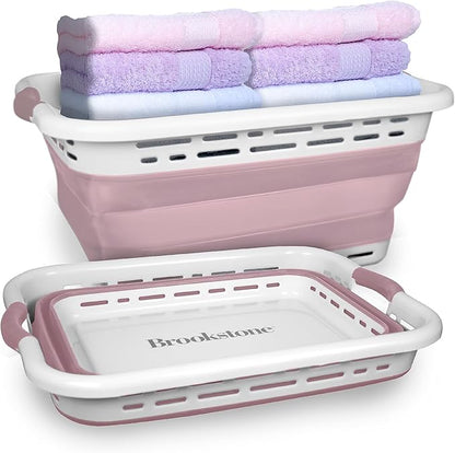 BROOKSTONE 11 GALLON XL 24" Collapsible Laundry Basket, Comfort Non-Slip Grip Handles, Modern Minimalist Space Saving Design, Portable Pop-Up Hamper, BPA FREE, Blush, 1 Basket