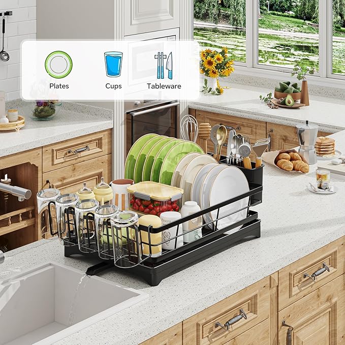 Ekisemio Dish Rack, Dish Drying Rack for Kitchen Counter, Dish Drainer with Cutlery Holder for Large Capacity, Kitchen Organizer for Dishes with Drip Tray, 12" D x 15.7" L, Black