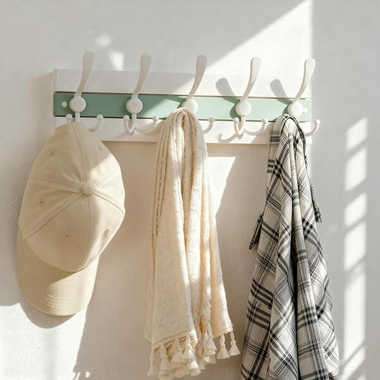 SKOLOO Coastal Wall Mounted Coat Rack - 16-7/8" Beach House Entryway Wooden Coat Hook with 5 Hooks for Hanging Coats, Hats or Towels, Oceanfront Cottage Core Collection, White & Green, Pack of 2
