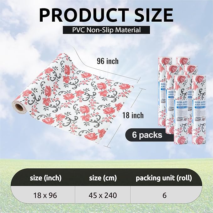 FIFTY FEET 18X96 Inch Shelf Liner for Kitchen Cabinets, PVC Drawer Liner for Dresser Non-Slip Bathroom, Non-Adhesive Cabinet Liner Washable (Red Floral)(6 Roll)