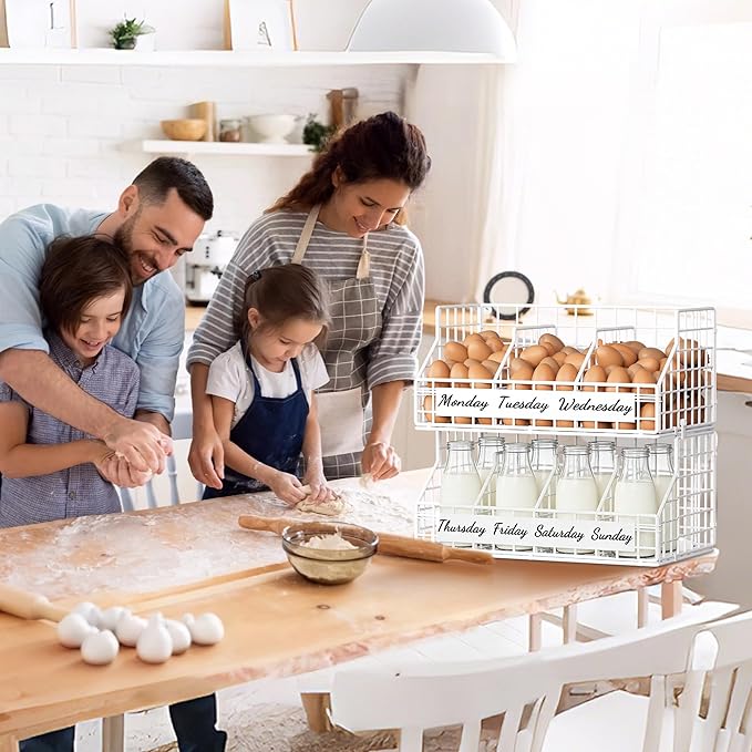 Egg Basket for Countertop, Egg Holder Countertop with 5 Dividers & Labels, 2 Tier Stackable Wire Storage Baskets to Keep Fresh Eggs Organized, Egg Organizer for Kitchen & Decorative Rack Home, White