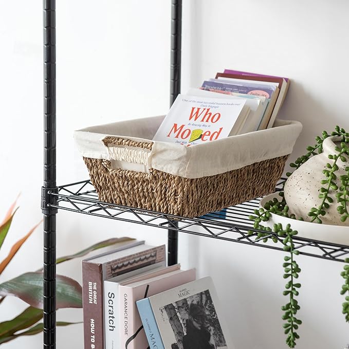 JS HANGER Wicker Storage Basket with Washable Liners, Metal Frame, Set of 2, 12.6"L x 8.7"W x 4.3"H, Seagrass Woven Basket for Pantry, Toilet, Bathroom, Bedroom, Patio, Natrual