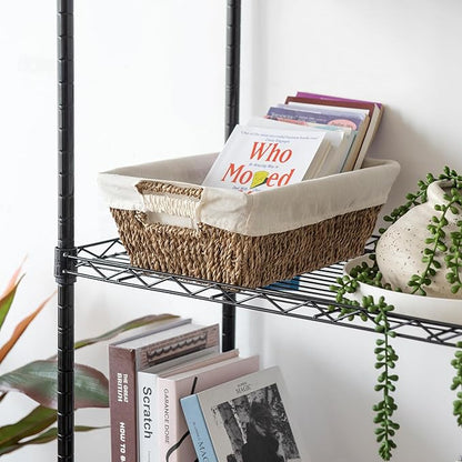 JS HANGER Wicker Storage Basket with Washable Liners, Metal Frame, Set of 2, 12.6"L x 8.7"W x 4.3"H, Seagrass Woven Basket for Pantry, Toilet, Bathroom, Bedroom, Patio, Natrual