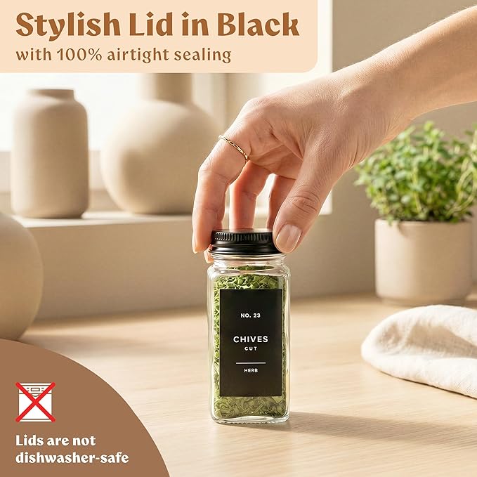 Glass Spice Jars with Label and Black Aluminum Lids (24 x 4oz) Spice Containers with 240 Labels, Shaker Inserts, Steel Funnel, Empty Square Seasoning Organizer (Black Aluminum Lid)