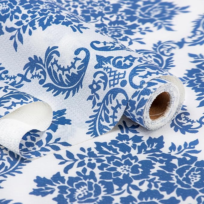 RAY STAR Shelf Liner, Non Adhesive Vintage Navy Blue Floral Kitchen Cabinet Liner for Pantry Drawer, Strong Grip Non Slip, Shelf Liners for Kitchen Cabinets Cupboard 12 Inch x 20 FT