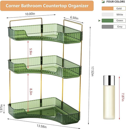Weidace Corner Bathroom Counter Organizer Bathroom Countertop Shelf Makeup Organizer for Vanity Perfume Tray for Corner Storage (3 Tiers, Green)