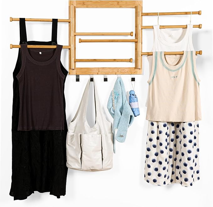 Wall Mounted Drying Rack - Clothes Drying Rack Wall Mounted for Laundry - 20 INCH - with 5 Hooks and 8 arms - 80 lbs Capacity - Natural Bamboo