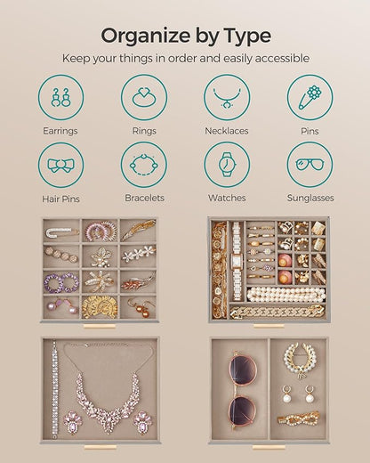 SONGMICS Jewelry Box Organizer with Glass Lid, 4-Layer Jewelry Storage, with 3 Drawers, Modern Style, 8 x 9.1 x 6.5 Inches, Dove Gray and Gold Color UJBC173G01