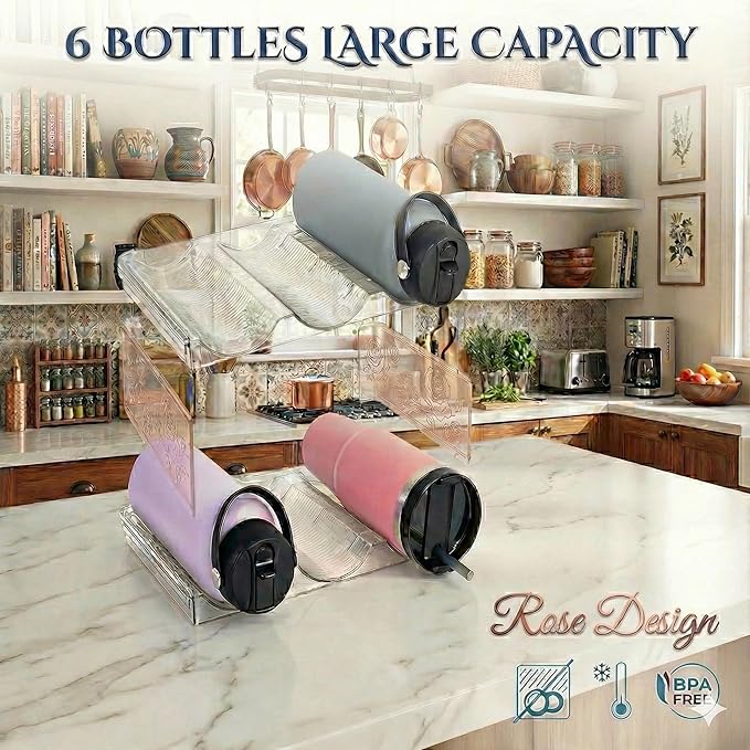 Stackable Water Bottle Organizer for Cabinet, Plastic Bottle Holder Designed for Starbucks Studded Tumblers up to 40oz, Plastic Cup Holder&Wine Rack for Pantry,Cupboard- 2 Layers Hold 6 Bottles
