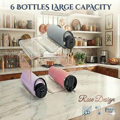 Stackable Water Bottle Organizer for Cabinet, Plastic Bottle Holder Designed for Starbucks Studded Tumblers up to 40oz, Plastic Cup Holder&Wine Rack for Pantry,Cupboard- 2 Layers Hold 6 Bottles