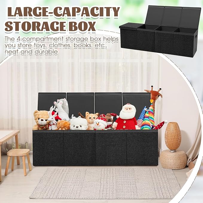 Patelai Extra Large Toy Box Chest with Lids 4/3 Grids Large Chest Collapsible Kids Toy Storage Baskets Gifts for Boys Girls Living Room Nursery Playroom(49.2 x 13 x 15.7'',Black)