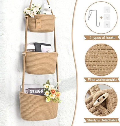 Hanging Storage Baskets, Over The Door Basket, Cotton Wall Baskets Storage, Hanging Door Basket with 4 Hooks
