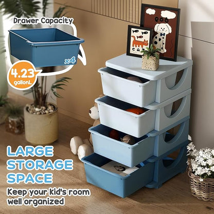 Qaba 4 Tier Kids Storage Unit, Toy Organizers and Storage with 4 Drawer Chest for Kids Bedroom Nursery Kindergarten Living Room for Boys Girls Toddlers, Blue