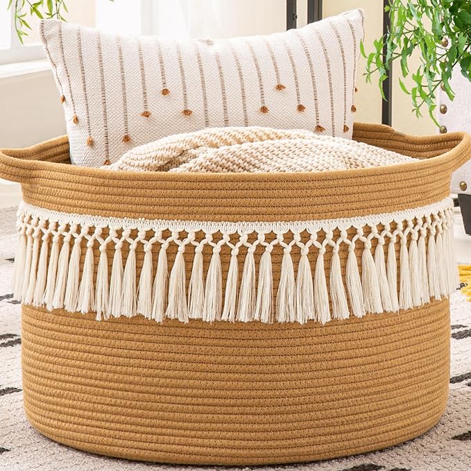 KAKAMAY Large Blanket Basket (20"x13"),Woven Baskets for storage Baby Laundry Hamper, Cotton Rope Blanket Basket for Living Room, Laundry, Nursery, Pillows, Baby Toy chest (Brown Fringe)