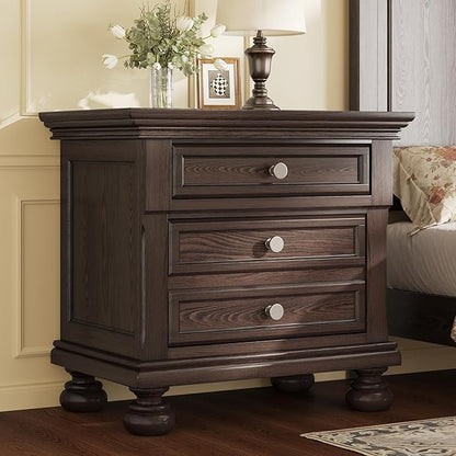 AMERLIFE Fully Assembled Nightstand, Solid Wood End Table with 2 Storage Drawers, 26" Extra Large Traditional Bedside Cabinet for Bedroom, Dark Brown