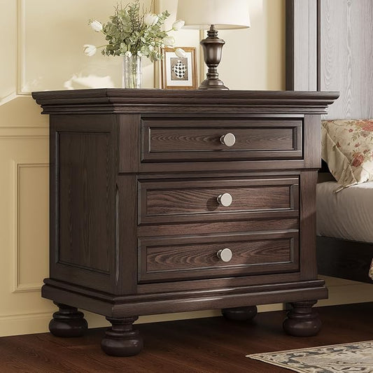 AMERLIFE Fully Assembled Nightstand, Solid Wood End Table with 2 Storage Drawers, 26" Extra Large Traditional Bedside Cabinet for Bedroom, Dark Brown