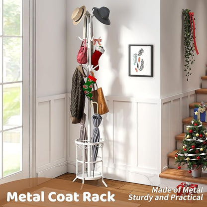 FILWH Coat Rack Freestanding with Umbrella Stand with 12 Hooks Metal Coat Tree Coat and Hat Hanger Jacket Entryway Coat Rack (White)