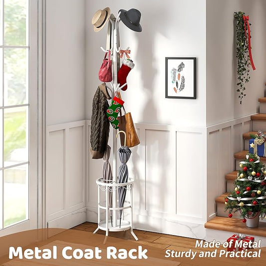 FILWH Coat Rack Freestanding with Umbrella Stand with 12 Hooks Metal Coat Tree Coat and Hat Hanger Jacket Entryway Coat Rack (White)