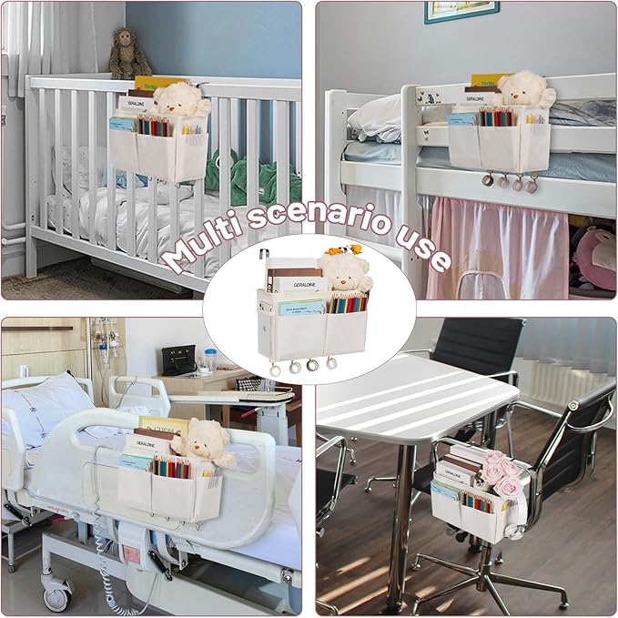 Frjjthchy Bedside Storage Organizer 5 Pockets with 4 Hooks Hanging Storage Bag for Headboards/Bunk Bed (White)